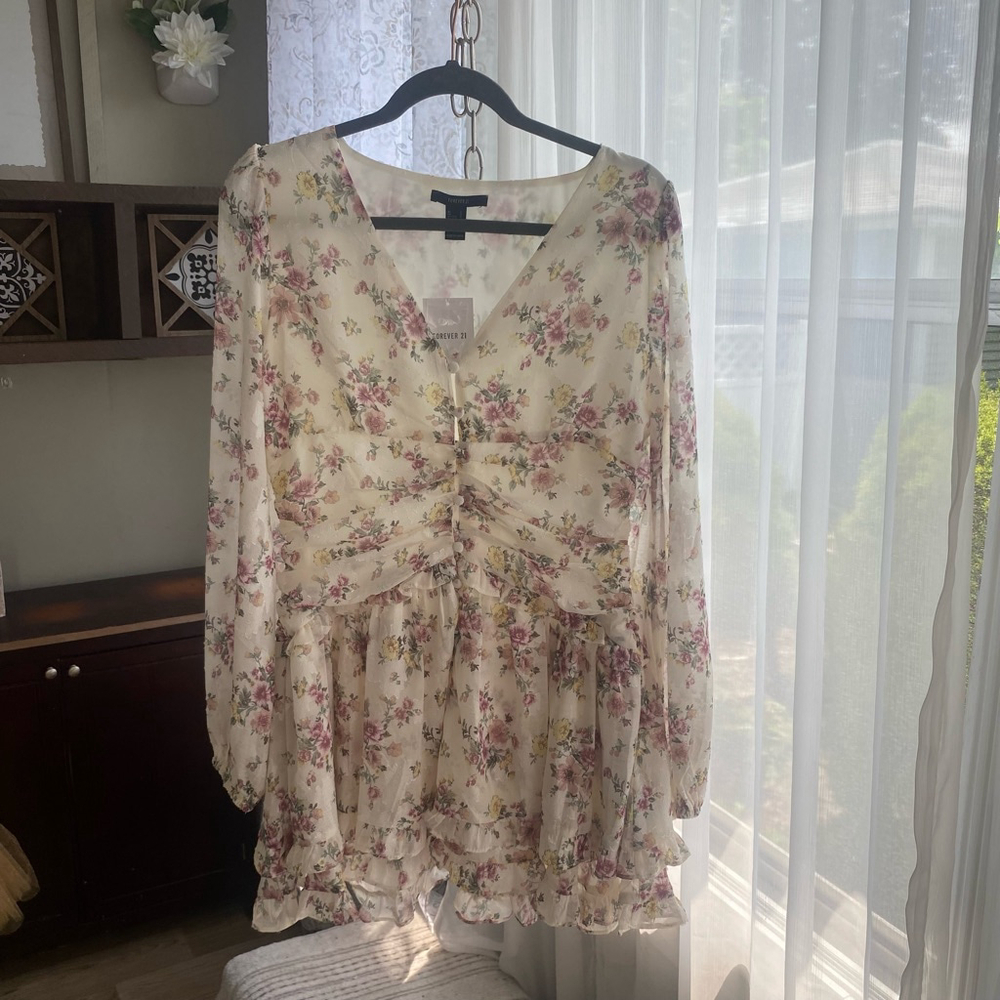 Women's Forever 21 Floral Dress Size L White Pink